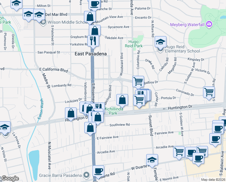 map of restaurants, bars, coffee shops, grocery stores, and more near 802 Michigan Boulevard in Pasadena