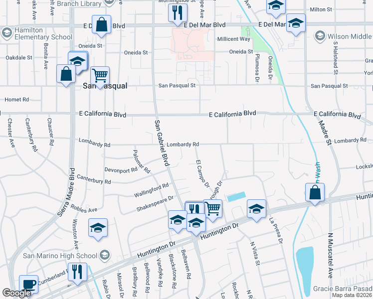 map of restaurants, bars, coffee shops, grocery stores, and more near 2965 Lombardy Road in Pasadena