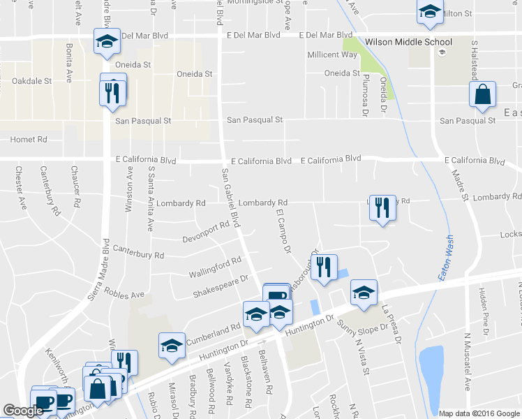 map of restaurants, bars, coffee shops, grocery stores, and more near 2965 Lombardy Road in Pasadena