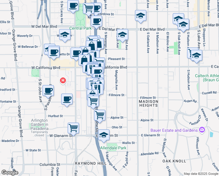 map of restaurants, bars, coffee shops, grocery stores, and more near 687 South Marengo Avenue in Pasadena