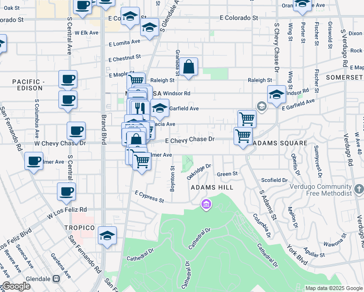 map of restaurants, bars, coffee shops, grocery stores, and more near 601 East Chevy Chase Drive in Glendale