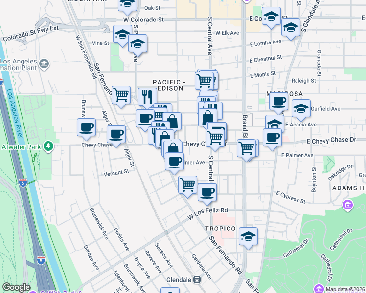 map of restaurants, bars, coffee shops, grocery stores, and more near 1099 Florence Place in Glendale