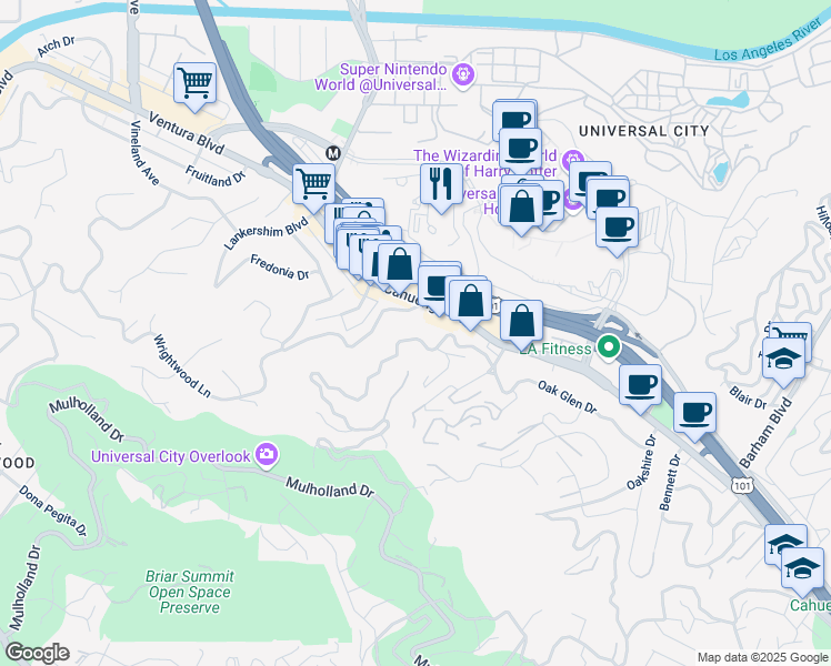 map of restaurants, bars, coffee shops, grocery stores, and more near 3575 Cahuenga Boulevard West in Los Angeles