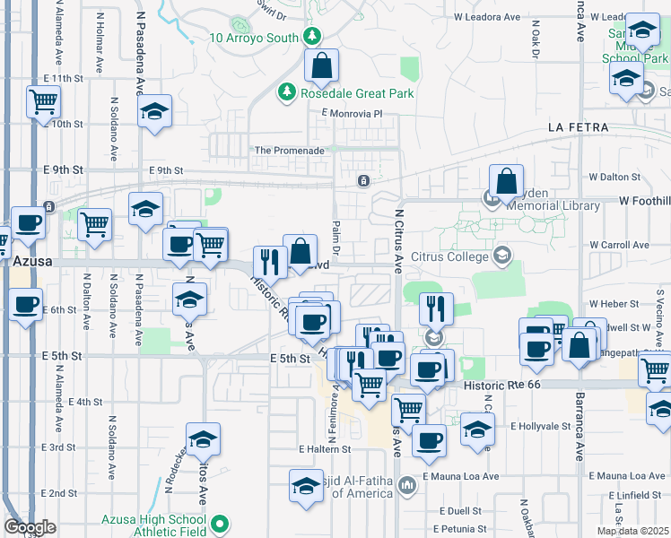 map of restaurants, bars, coffee shops, grocery stores, and more near 840 East Foothill Boulevard in Azusa