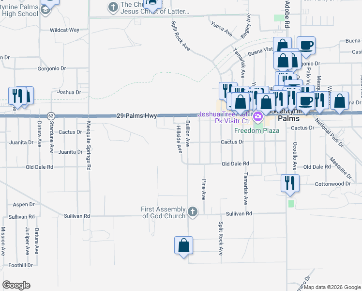 map of restaurants, bars, coffee shops, grocery stores, and more near 2 Cactus Drive in Twentynine Palms