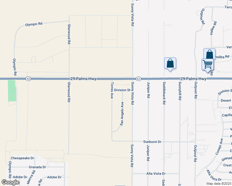 map of restaurants, bars, coffee shops, grocery stores, and more near 60803 Division Street in Joshua Tree