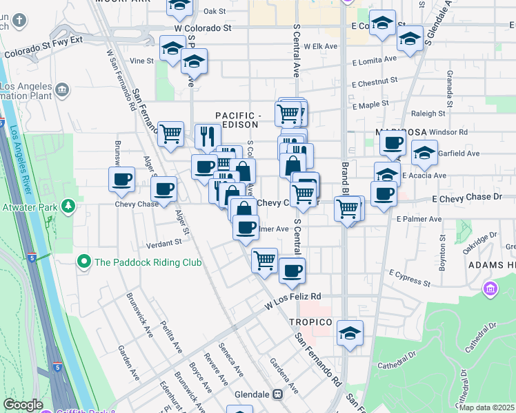 map of restaurants, bars, coffee shops, grocery stores, and more near 1099 Florence Place in Glendale