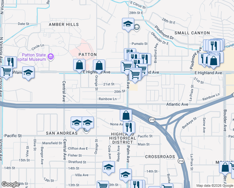 map of restaurants, bars, coffee shops, grocery stores, and more near 3535 20th Street in Highland