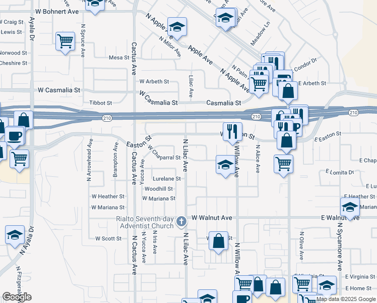 map of restaurants, bars, coffee shops, grocery stores, and more near 1861 North Lilac Avenue in Rialto