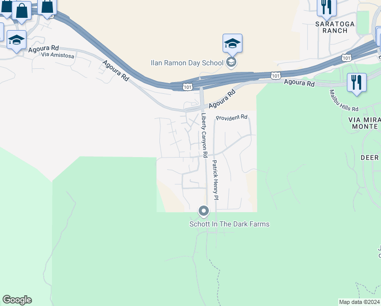 map of restaurants, bars, coffee shops, grocery stores, and more near 4037 Liberty Canyon Road in Agoura Hills