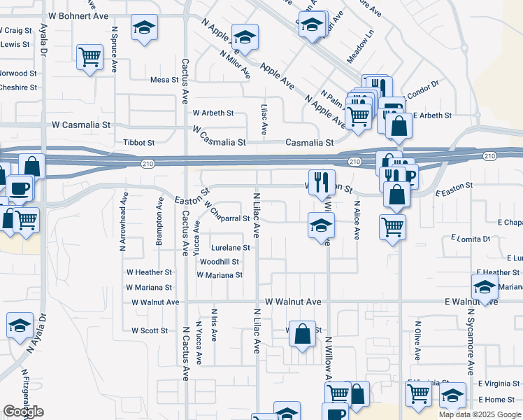map of restaurants, bars, coffee shops, grocery stores, and more near 1861 North Lilac Avenue in Rialto