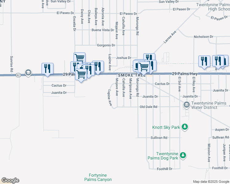map of restaurants, bars, coffee shops, grocery stores, and more near 6608 Mojave Avenue in Twentynine Palms