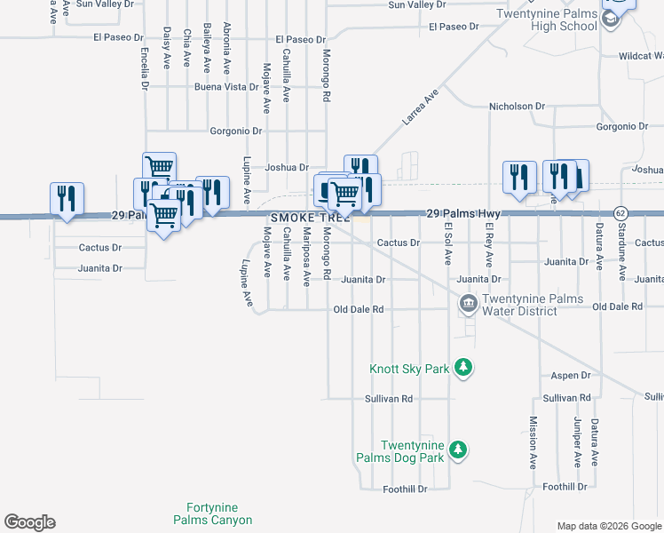 map of restaurants, bars, coffee shops, grocery stores, and more near 6580 Morongo Road in Twentynine Palms