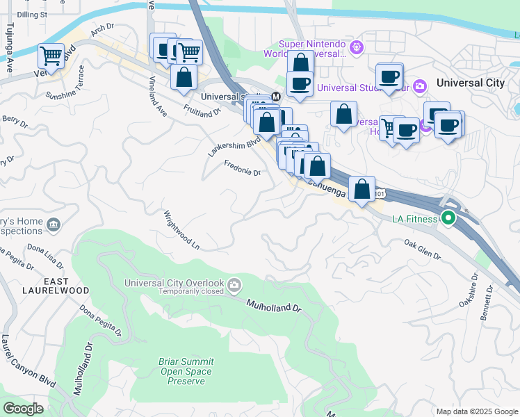 map of restaurants, bars, coffee shops, grocery stores, and more near 3754 Fredonia Drive in Los Angeles