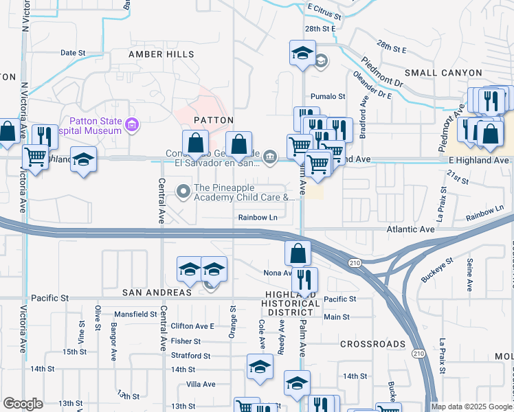 map of restaurants, bars, coffee shops, grocery stores, and more near 3465 20th Street in Highland