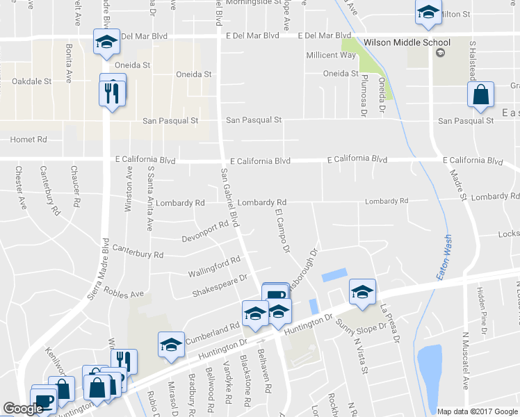 map of restaurants, bars, coffee shops, grocery stores, and more near 2964 Lombardy Road in Pasadena