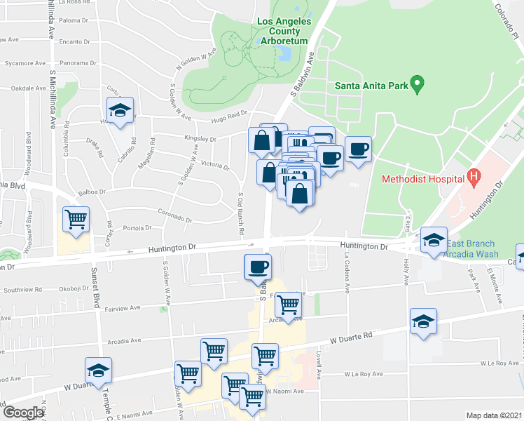 map of restaurants, bars, coffee shops, grocery stores, and more near 613 South Baldwin Avenue in Arcadia