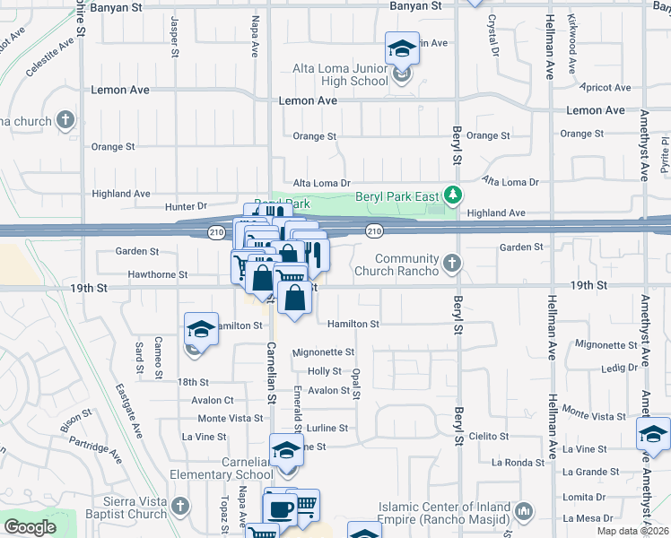 map of restaurants, bars, coffee shops, grocery stores, and more near 8840 19th Street in Rancho Cucamonga