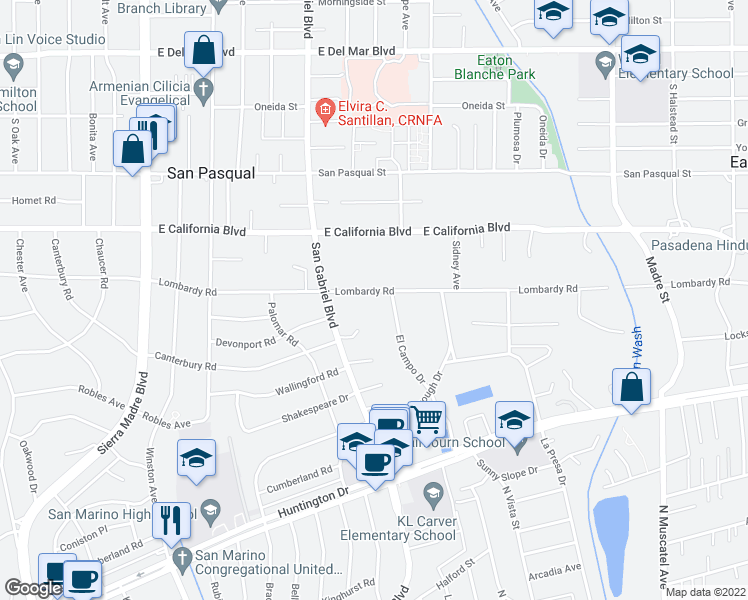 map of restaurants, bars, coffee shops, grocery stores, and more near 2976 Lombardy Road in Pasadena