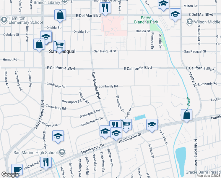 map of restaurants, bars, coffee shops, grocery stores, and more near 2965 Lombardy Road in Pasadena