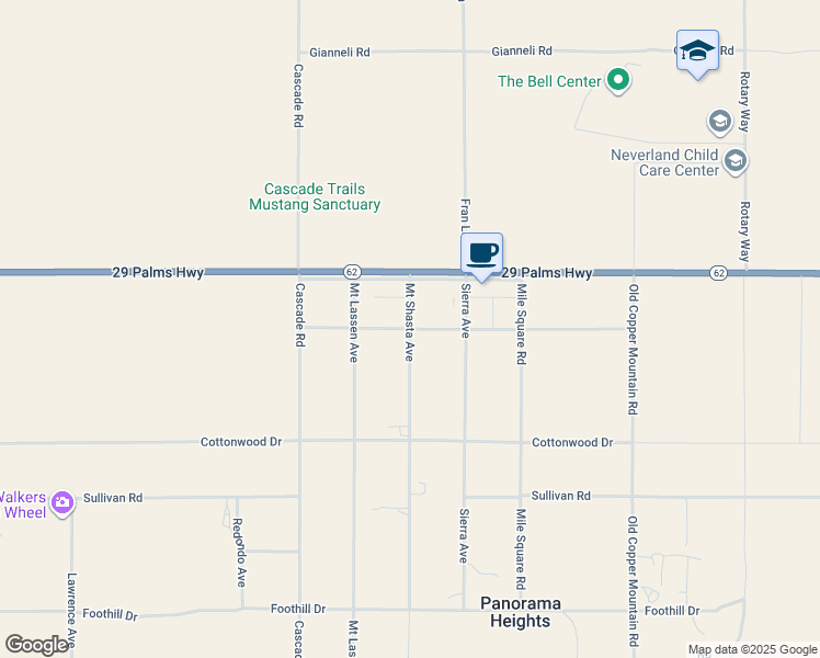 map of restaurants, bars, coffee shops, grocery stores, and more near Cactus Drive in Joshua Tree