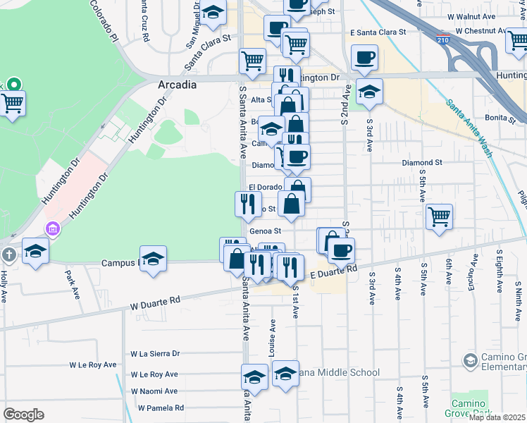 map of restaurants, bars, coffee shops, grocery stores, and more near 19 Fano Street in Arcadia