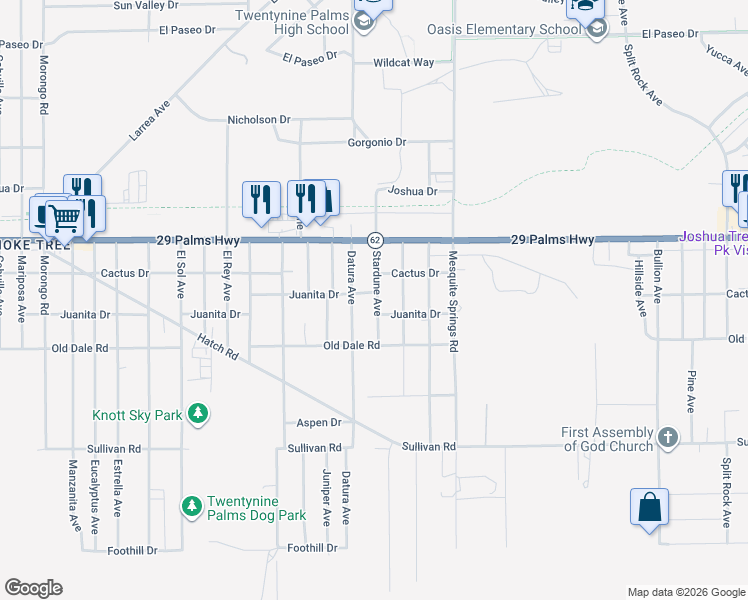 map of restaurants, bars, coffee shops, grocery stores, and more near 6608 Star Dune in Twentynine Palms