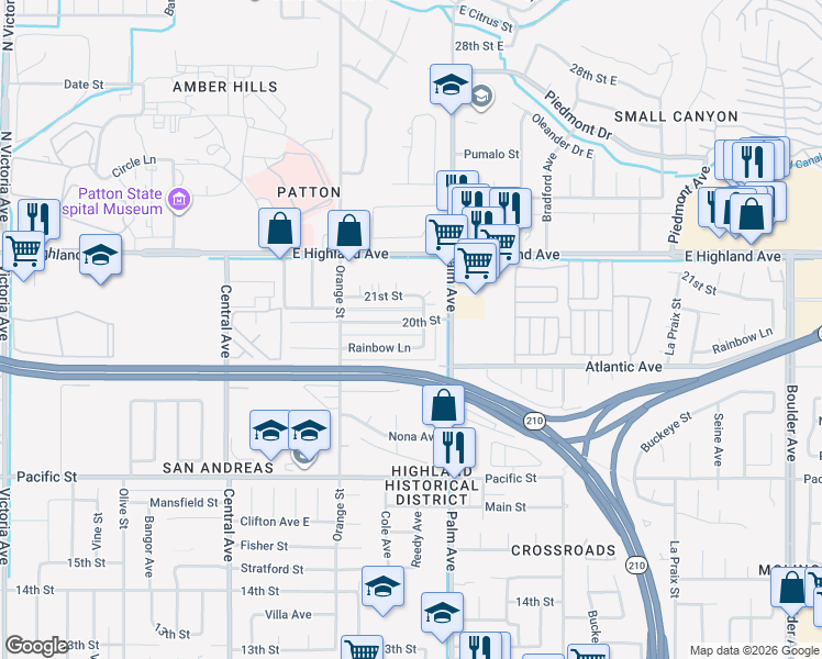 map of restaurants, bars, coffee shops, grocery stores, and more near 3535 20th Street in Highland