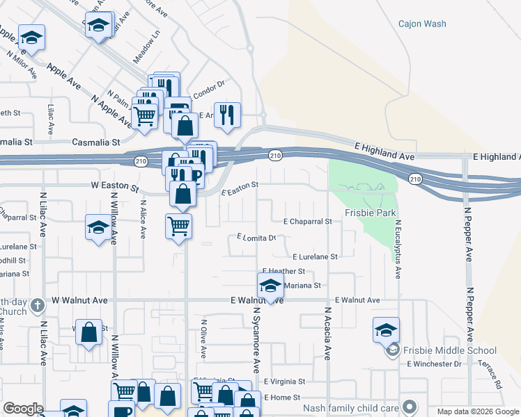 map of restaurants, bars, coffee shops, grocery stores, and more near 1857 North Sycamore Avenue in Rialto