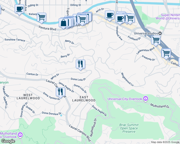 map of restaurants, bars, coffee shops, grocery stores, and more near 3366 Wrightview Place in Los Angeles