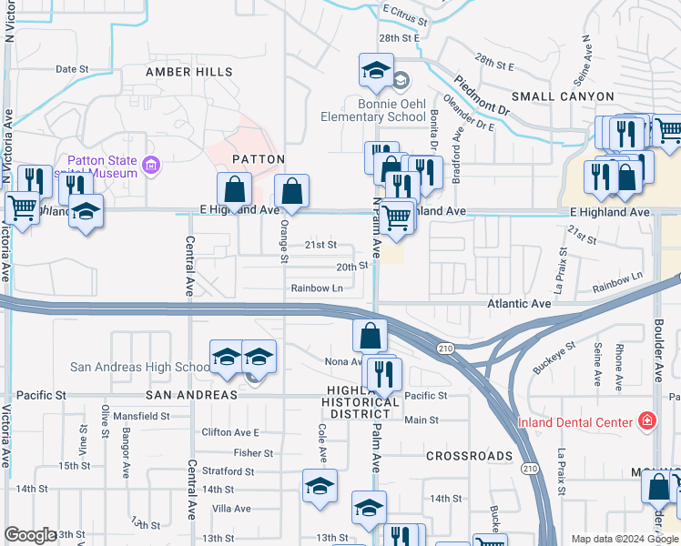map of restaurants, bars, coffee shops, grocery stores, and more near 3519 20th Street in Highland