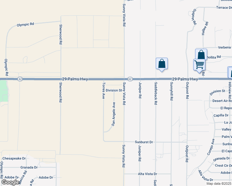 map of restaurants, bars, coffee shops, grocery stores, and more near 60851 Division Street in Joshua Tree