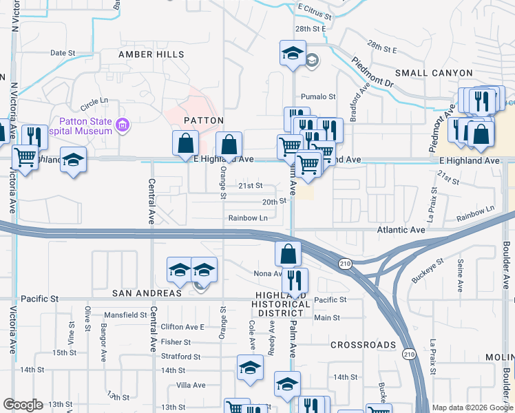 map of restaurants, bars, coffee shops, grocery stores, and more near 3499 20th Street in Highland