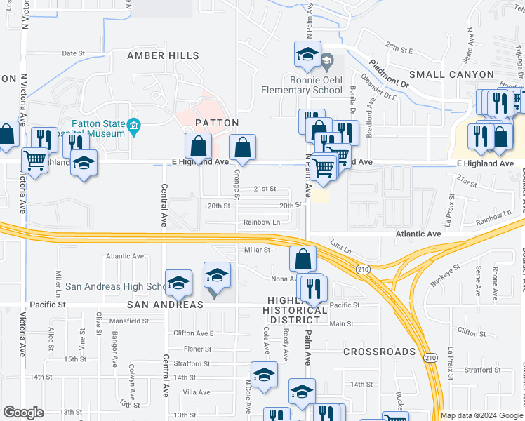 map of restaurants, bars, coffee shops, grocery stores, and more near 3467 20th Street in Highland