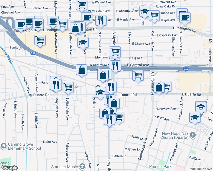 map of restaurants, bars, coffee shops, grocery stores, and more near 130 West Pomona Avenue in Monrovia