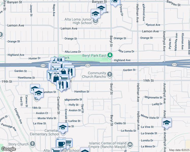 map of restaurants, bars, coffee shops, grocery stores, and more near 8890 19th Street in Rancho Cucamonga