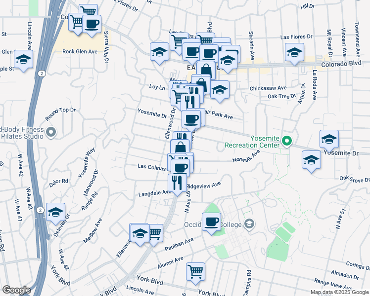 map of restaurants, bars, coffee shops, grocery stores, and more near 4825 Eagle Rock Boulevard in Los Angeles
