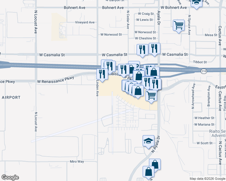map of restaurants, bars, coffee shops, grocery stores, and more near 1335 West Renaissance Parkway in Rialto