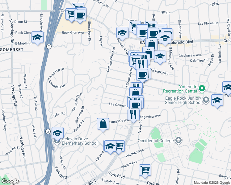 map of restaurants, bars, coffee shops, grocery stores, and more near 2354 Laverna Avenue in Los Angeles