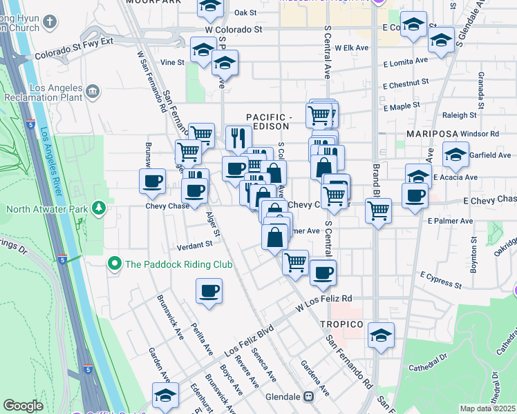 map of restaurants, bars, coffee shops, grocery stores, and more near 4432 San Fernando Road in Glendale