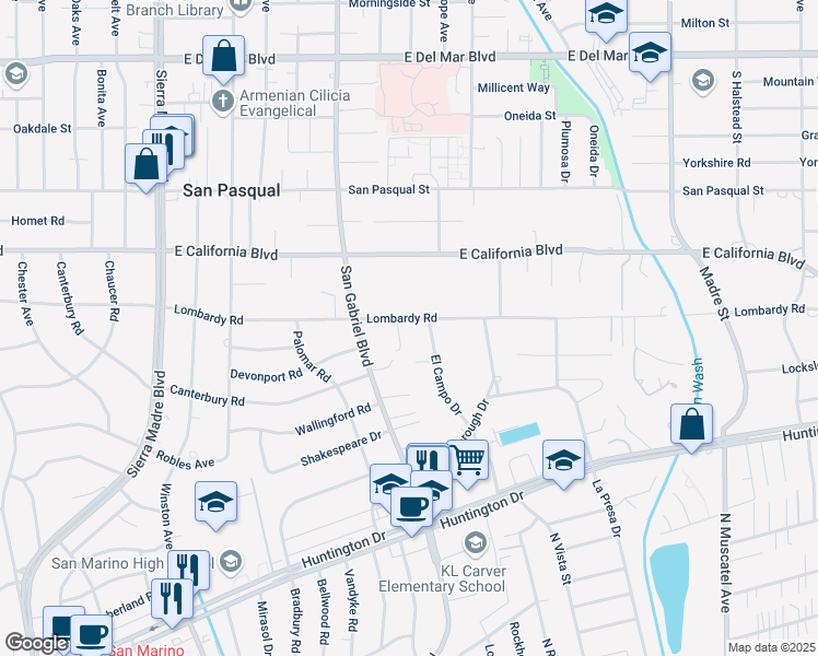 map of restaurants, bars, coffee shops, grocery stores, and more near 2976 Lombardy Road in Pasadena