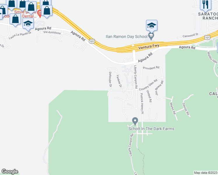 map of restaurants, bars, coffee shops, grocery stores, and more near 4011 Defender Drive in Agoura Hills