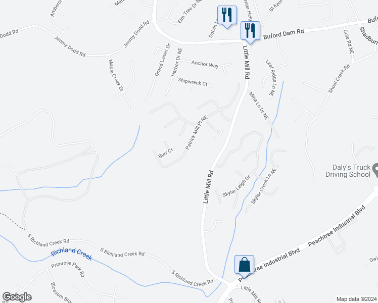 map of restaurants, bars, coffee shops, grocery stores, and more near 1775 Patrick Mill Place Northeast in Buford