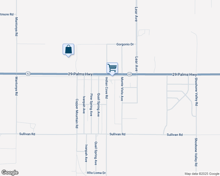 map of restaurants, bars, coffee shops, grocery stores, and more near 6625 Indian Cove Road in Twentynine Palms