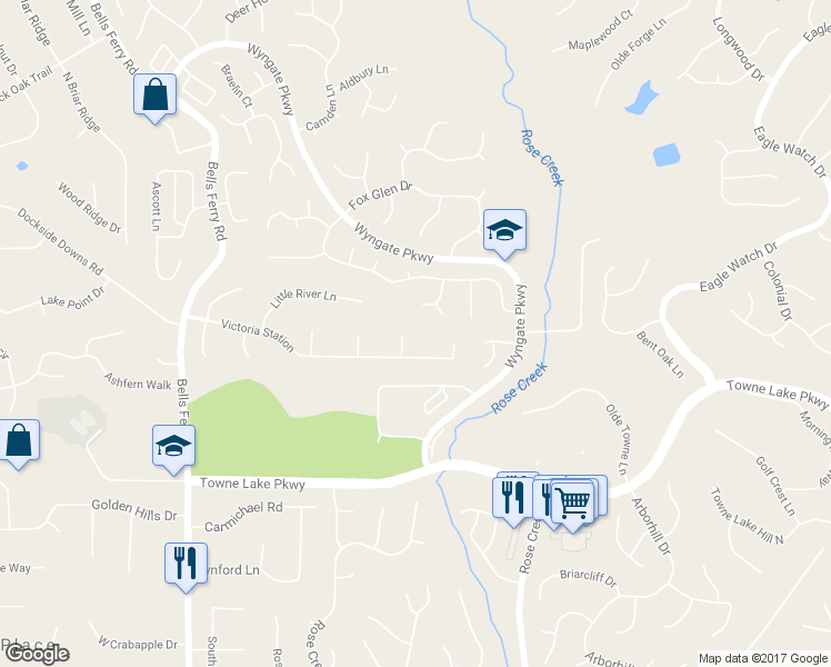 map of restaurants, bars, coffee shops, grocery stores, and more near 504 Little River Court in Woodstock