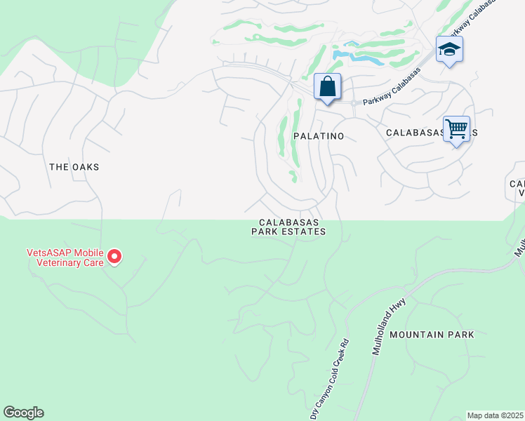 map of restaurants, bars, coffee shops, grocery stores, and more near 3467 Malaga Court in Calabasas