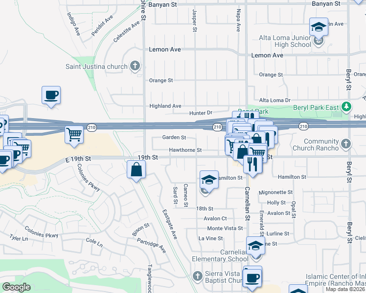 map of restaurants, bars, coffee shops, grocery stores, and more near 8452 Hawthorne Street in Rancho Cucamonga