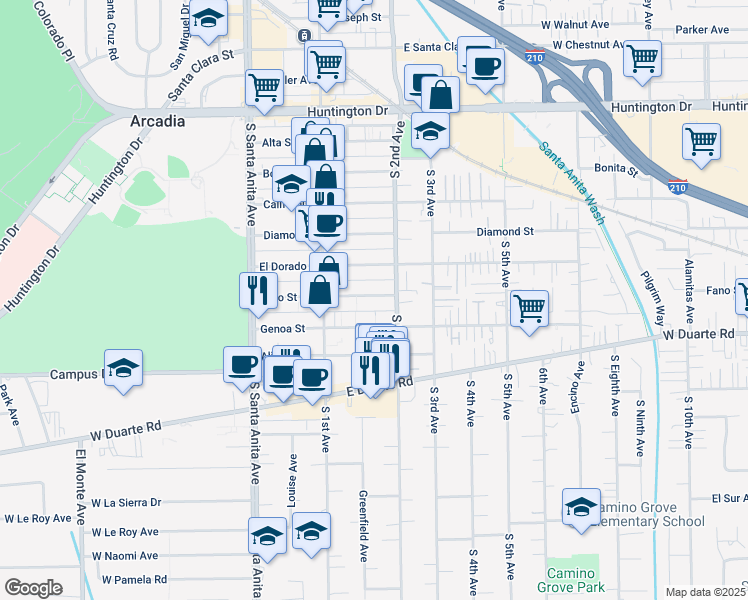 map of restaurants, bars, coffee shops, grocery stores, and more near 150 Fano Street in Arcadia
