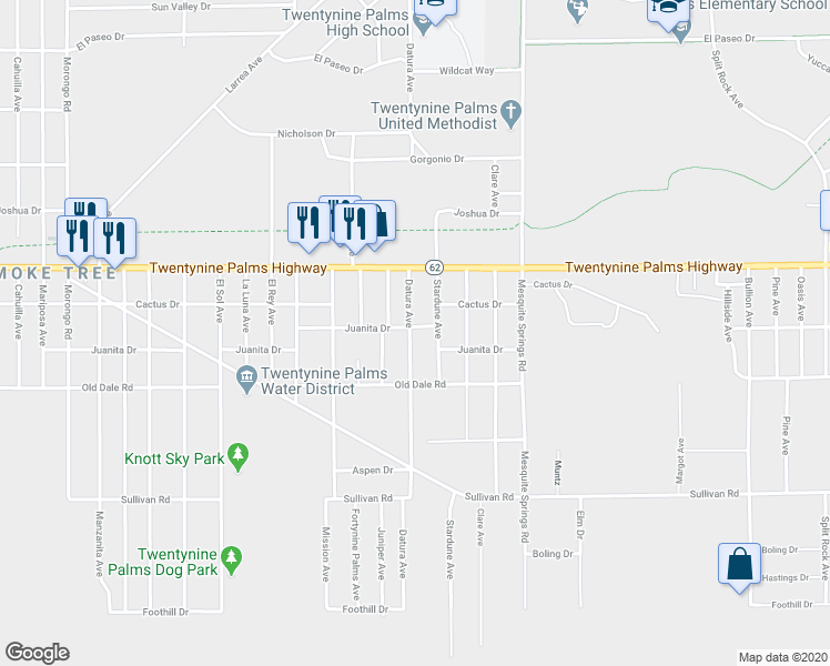 map of restaurants, bars, coffee shops, grocery stores, and more near 6607 Datura Avenue in Twentynine Palms