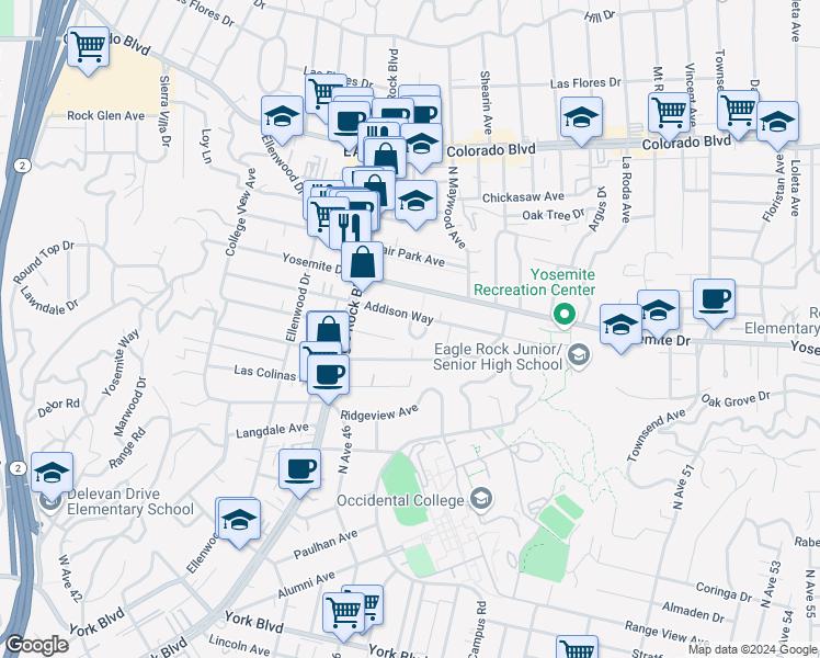 map of restaurants, bars, coffee shops, grocery stores, and more near Delrosa Dr in Los Angeles